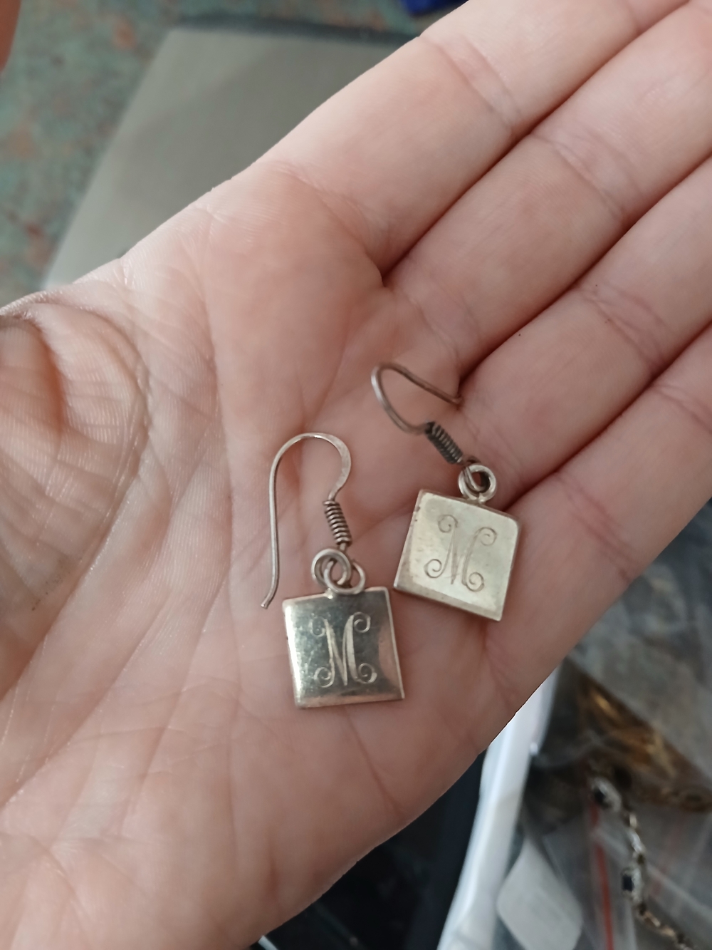 Square Initial 'M' Dangle Earrings - Silver